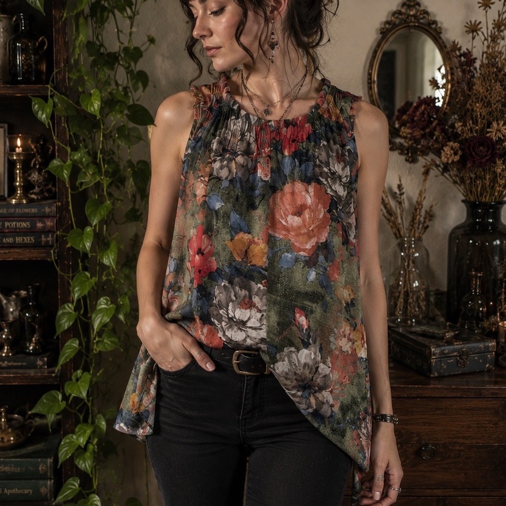 Deletta Anthropologie Size M Floral Mesh Swing Tunic Top Whimsigoth Cottagecore